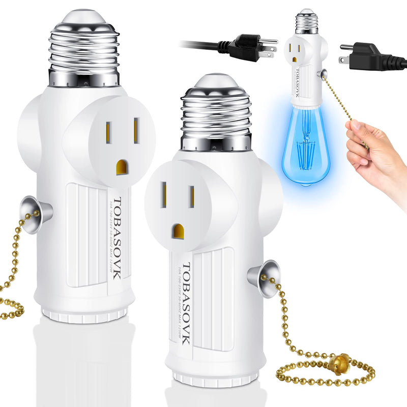 Light Socket to Plug Adapter, (2 Pack) Both Sides 3 Prong Light Bulb Outlet Socket Adapter, Heat-Resistant Materials Light Socket Adapter, Light Bulb Plug Adapter for Expansion Socket - White 2
