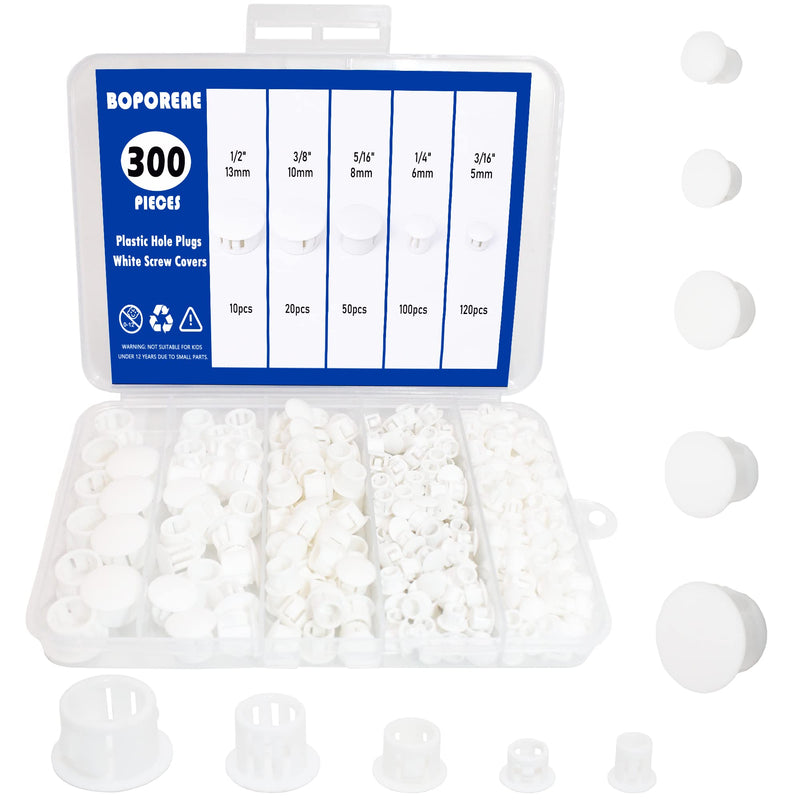 300 PCS 5 Sizes Plastic Hole Plugs White 3/16, 1/4, 5/16, 3/8, 1/2 Inch Round Hole, Snap in Knockout Locking Flush Type Furniture Hardware Kitchen Cabinet Cupboard Shelves Screw Covers Caps 5 Sizes, White((3/16“-1/2”, 300 PCS)