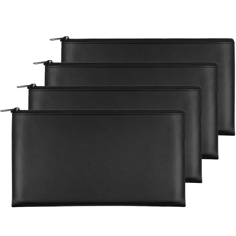 Joyberg 4Pack Money Bag 11 X 6", Safe Durable Waterproof PU Leather Bank Bag with Zipper for Cash, Coin, Checks, Makeup Bills Receipts Tool Storage (Black) 4 Pieces Black