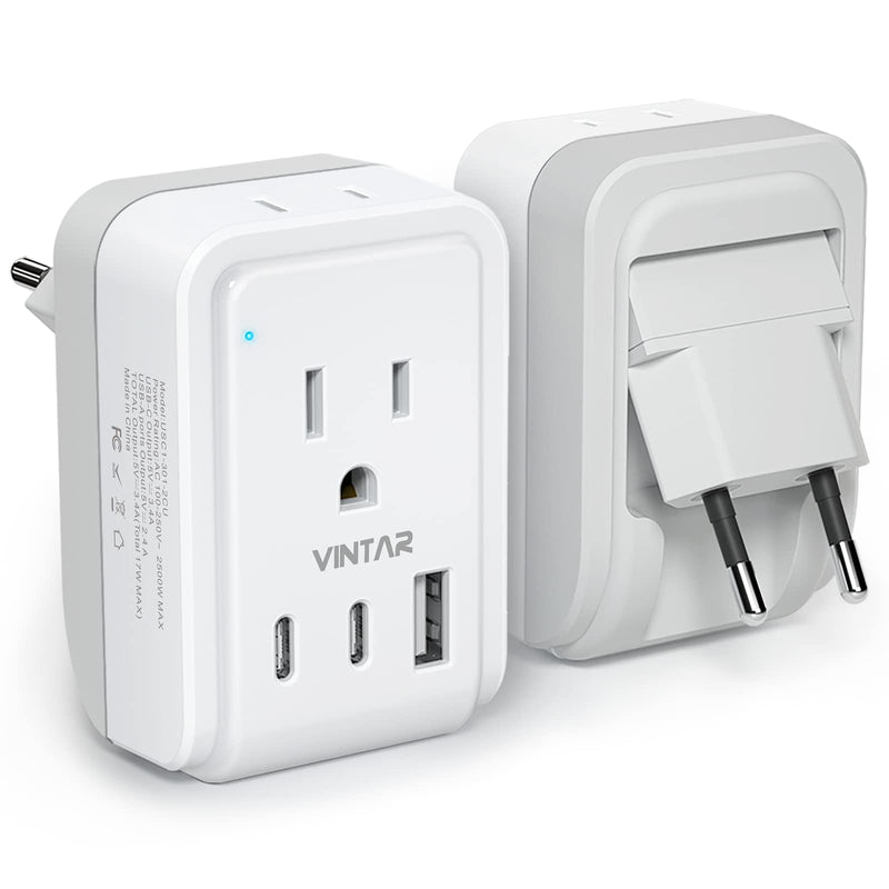 1 Pack European Travel Plug Adapter, VINTAR Foldable International Power Plug with 2 AC Outlets 3 USB Ports(2 USB C), Type C Travel Essentials Charger for US to Most of Europe EU Italy Spain France Type C - Most of Europe - 17W