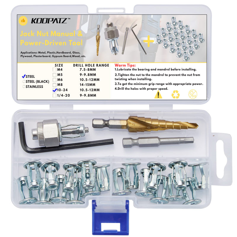 10-24 Jack Nut with Installation Tool Kit Threaded Insert Petal Nuts Nutserts Jacknut Srew Anchor Spider Rivnut Blind for Plastic Polywood Pressboard Hardboard 10-24-20PCS-Steel (With Tool)