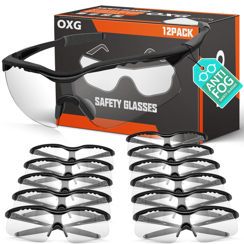 OXG 12 Pack Anti Fog Safety Glasses for Men, ANSI Z87.1 Safety Goggles Impact Scratch Resistant Eye Protection for Work Clear