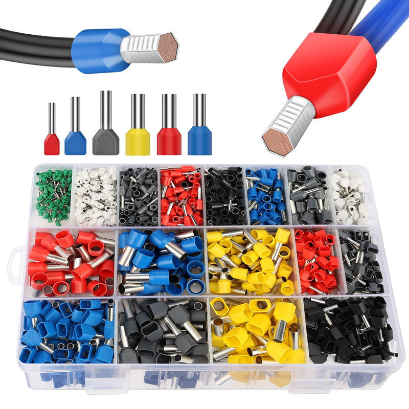 Lytool Double Wire Ferrule Kit,1200pcs Ferrules Terminal Set, Insulated Ferrule Crimp Pin, Twin Ferrule Connectors Wire Ends Terminals Pins, Single-Line Ferrules and Twin Wire Ferrule Set, AGW 23-6