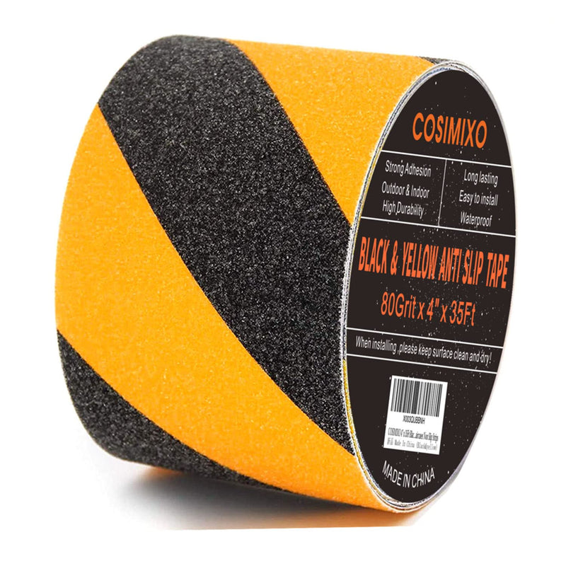 COSIMIXO 4" x 35Ft Black&Yellow Heavy Duty Anti Slip Tape for Stairs Outdoor/Indoor Waterproof Grip Tape Safety Non Skid Roll for Stair Steps Traction Tread Staircases Anti-Slip Strips… 4" x 35Ft Black & Yellow