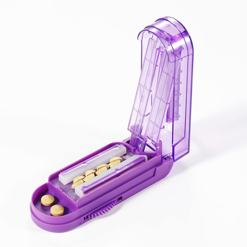 Pill Cutter Splitter for Small and Tiny Pills, Adjustable Pill Cutters for Small Tablets, Accurately Cuts Multiple Pills at Once (Sharp Blade with Safety Guard,Non-Slip Silicone Edge) Purple