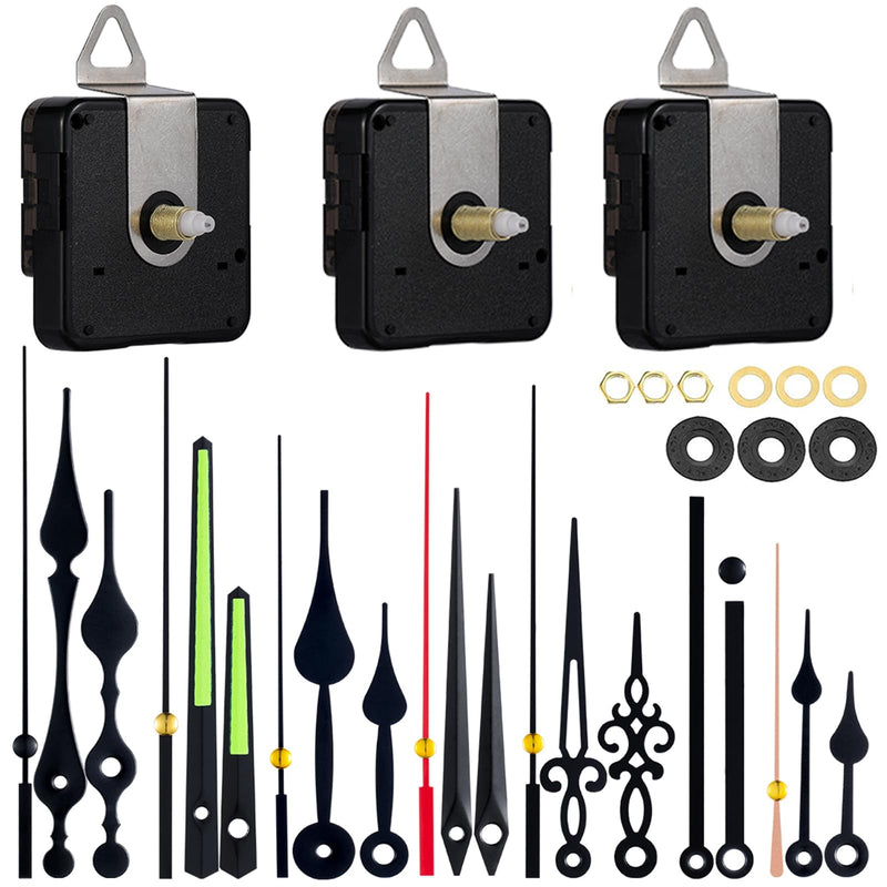 EMOON 3 Pieces Silent Clock Mechanism Replacement Kit, Battery Operated Clock Movement Parts with 7 Pack Clock Hands (Total Shaft Length 16mm,20mm,23mm) Size1-3pack