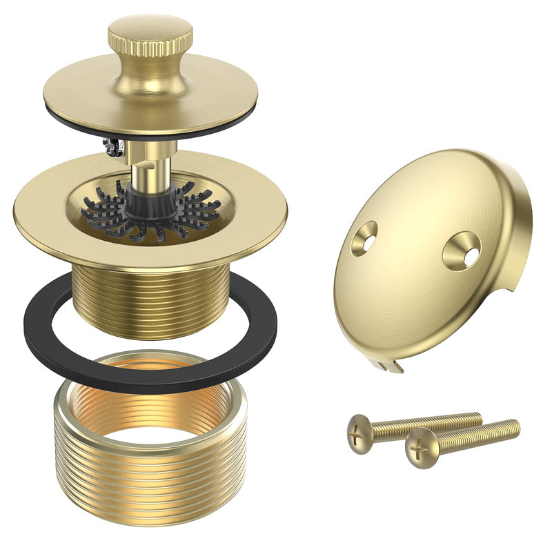 Brushed Gold Bathtub Drain Bath Tub Trim Set Conversion Kit Assembly, All Brass Lift and Turn Twist Tub Drains Replacement Trim Kit with Two-Hole Overflow Faceplate Brushed Gold