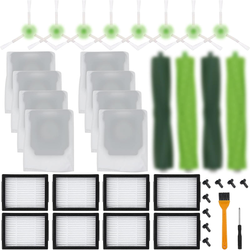 26 Pack Compatible with E/i/j Series Replacement Parts, E5 E6 E7 i2 i3 i3+i4 i4+ i6 i6+ i7 i7+ i8 i8+/Plus, 2 sets of multi-surface rubber roller brush 8 filters 8 side brushes 8 bags Green26