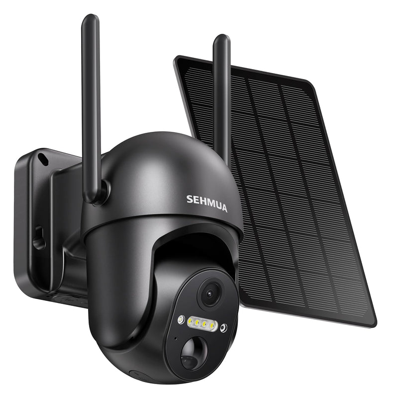 SEHMUA Solar Security Cameras Wireless Outdoor, 2K 360° View Battery Powered Outdoor Camera, WiFi Home Security with Spotlight Color Night Vision, PIR Sensor Black Wi-Fi