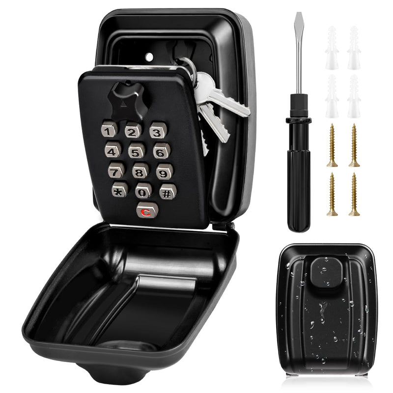 Key Lock Box for Outside, Sturdy Waterproof Wall Mount Lock Box for House Key, 12-Digit Combination Resettable Large Capacity Security Lockbox for Home, Garage, Office, Warehouse Black