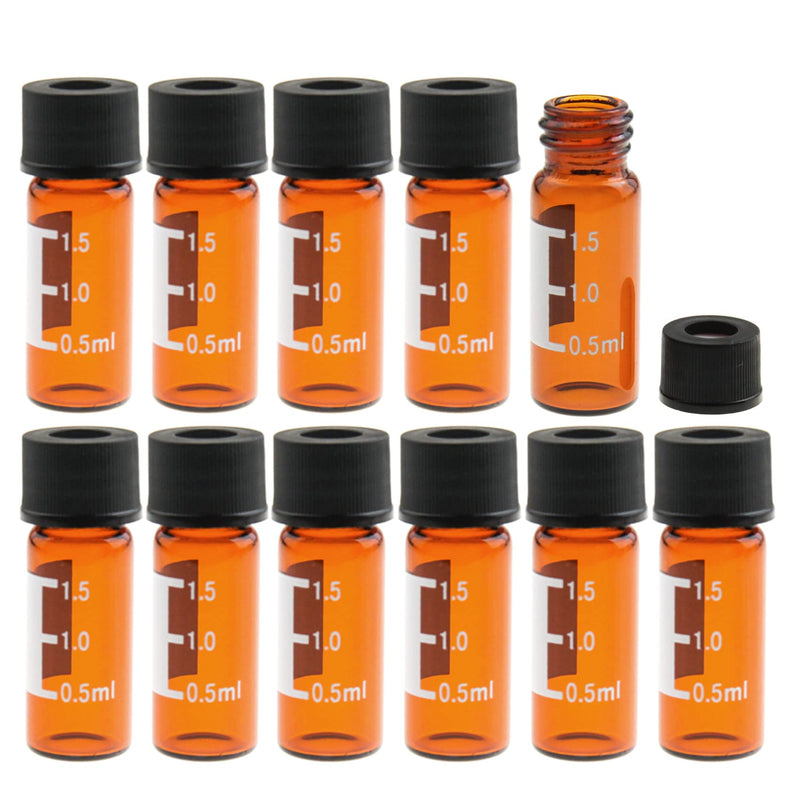 ALWSCI 1.5ml Autosampler Vials, Amber Screw Neck ND10 GC HPLC Vial with Graduation, 10-425 Black Screw Cap with Red PTFE/White Silicone Liner, 100 of Pack