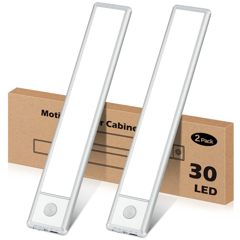 30-LED Motion Sensor Under Cabinet Lights, Magnetic Rechargeable Under Counter Closet Light, Wireless Night Light Bar Stick-On, 2-Pack, Cool White 8 inch