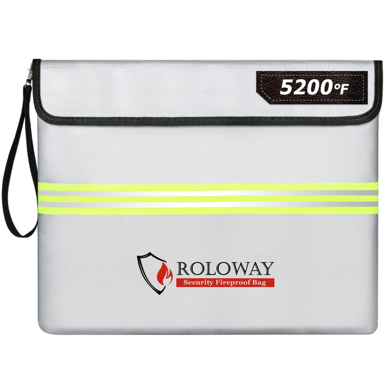 ROLOWAY Fireproof Document Bag (14 x 11 inch) with 5200℉ Upgraded Aluminum Foil Layer, Fireproof Bag for Documents with Reflective Strip, Fireproof Money Bag for Cash Safe with Zipper (Silver) 14 x 11 inch 5200℉ Silver