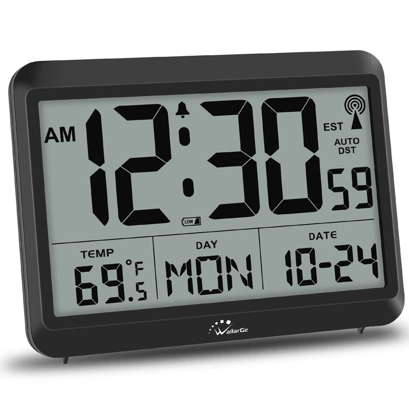 WallarGe Atomic Clock Battery Operated - Large Display Digital Alarm Clock with Seconds and Indoor Temeperature, 4 Time Zones, DST Black - NewNest Australia