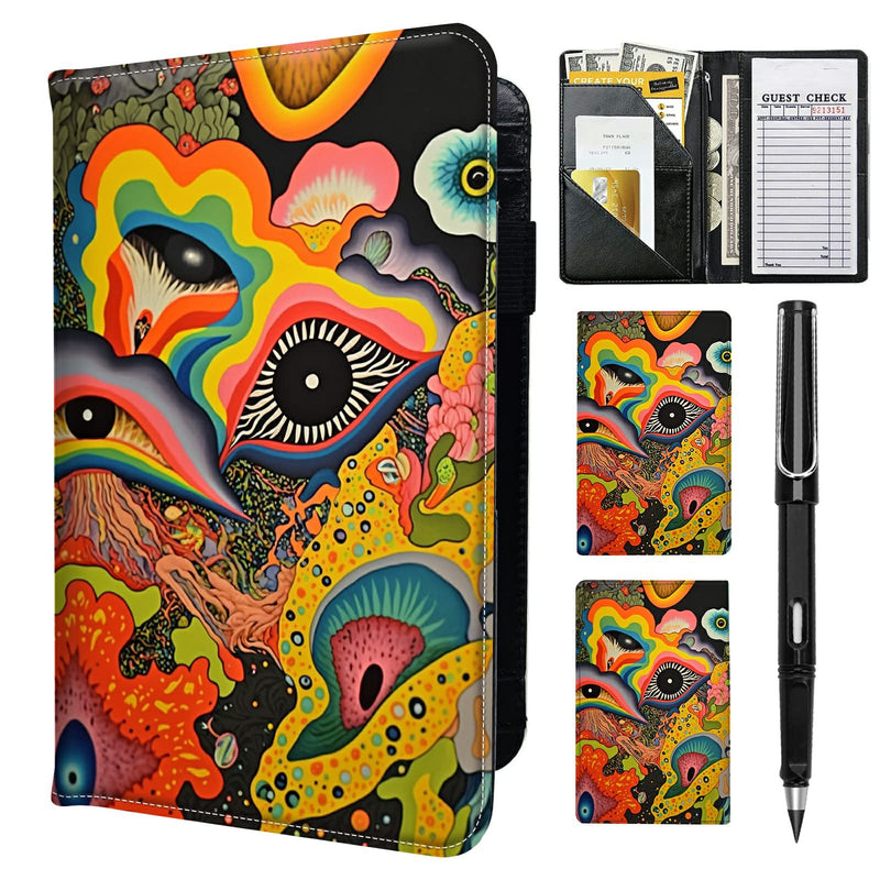 Server Book for Waitress with Everlasting Pencil, Money Pocket Leather Wallet Booklet, Guest Check Receipt Holder Presenters, Waiter Accessories Fit Server Apron, Trippy Eye