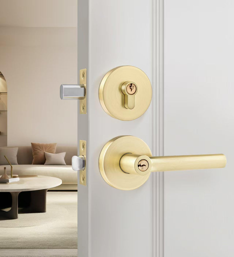 Leydebong 1 Pack Gold Heavy Duty Entrance Lever Door Handle (for Office and Front Door) Reversible for Right and Left Side Single Keyed Square Deadbolt Lock Set, Finish in Satin Brass Single Keyed Deadbolt Lockset (Keyed Alike)