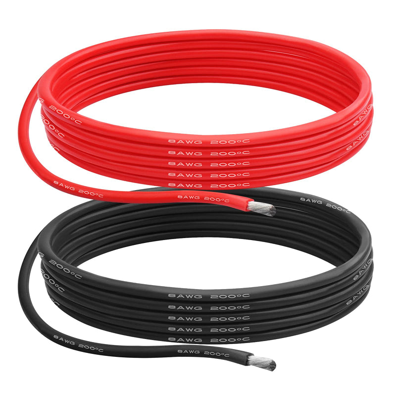 8 AWG Gauge Silicone Wire Electrical Cable（10ft red &10ft Black） Soft & Flexible 0.08 mm Tinned Copper core High Temperature Resistant Silicone Wire for Arduino Projects, RC Cars, Boat, Drones etc. 8 AWG 10ft Red+10ft Black