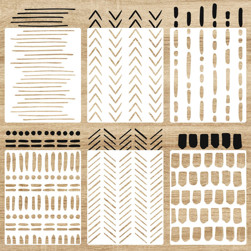 6 PACK 14'' Modern Geometric Minimalist Boho Lines Herringbone Arrows Brick Wall Stencils for Painting Large Pattern on Wall, Reusable Decorative Template for Scandinavian Painting Wall Décor