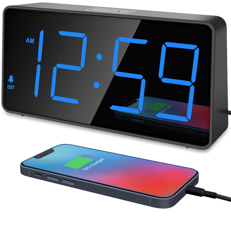 Peakeep Digital Alarm Clock for Bedroom Bedside, Loud Alarm Clock for Heavy Sleepers, Large Big LED Numbers for Seniors, Battery Backup Plug in Electric Clock with USB Charger (Blue) Blue