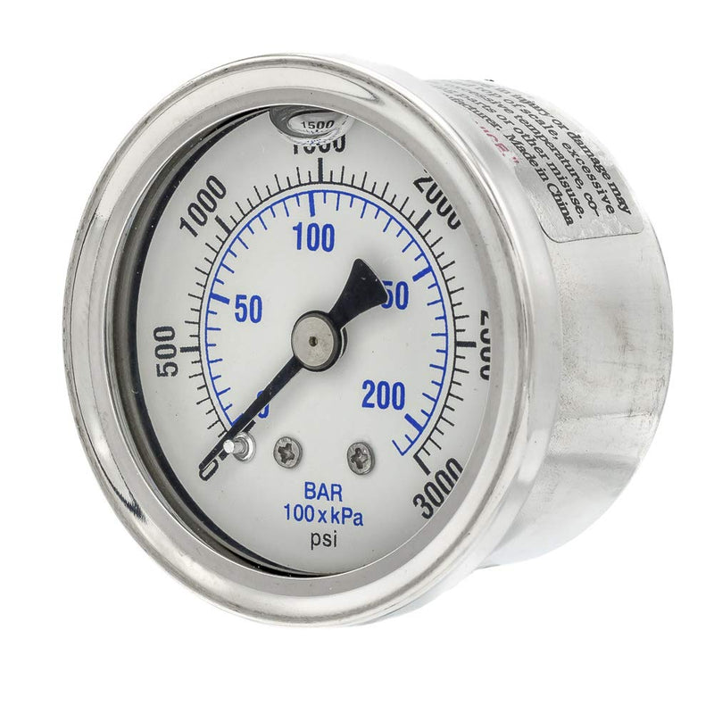 2 Pack of Liquid Filled Center Back Mount Pressure Gauge with 1.5" Dial, 0-3000 PSI, 1/8" Male NPT Connection, Stainless Steel CASE and Bezel (2) 2