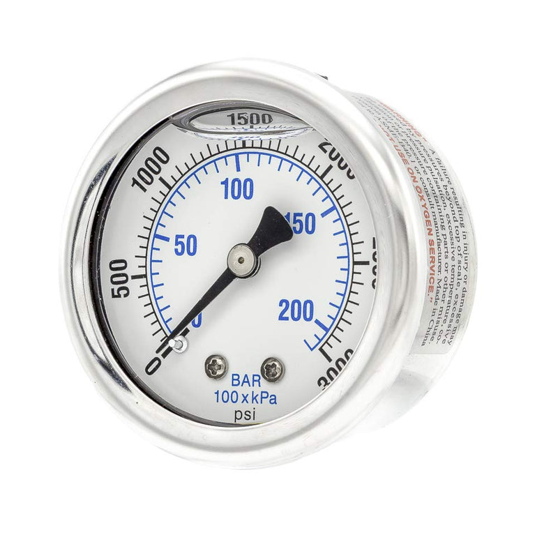 Liquid Filled Center Back Mount Pressure Gauge with 2" Dial, 0-3000 PSI, 1/4" Male NPT Connection, Stainless Steel CASE and Bezel (1)