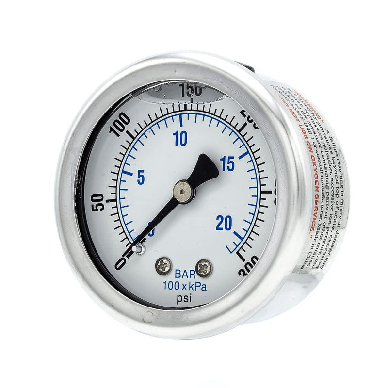 Liquid Filled Center Back Mount Pressure Gauge with 2" Dial, 0-300 PSI, 1/8" Male NPT Connection, Stainless Steel CASE and Bezel (1)