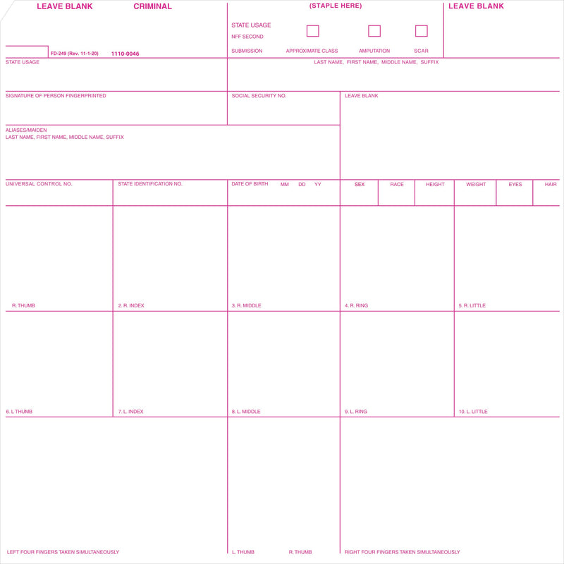Crime Scene FD-249 Criminal Booking Card for arrests and incarcerations, Pack of 100
