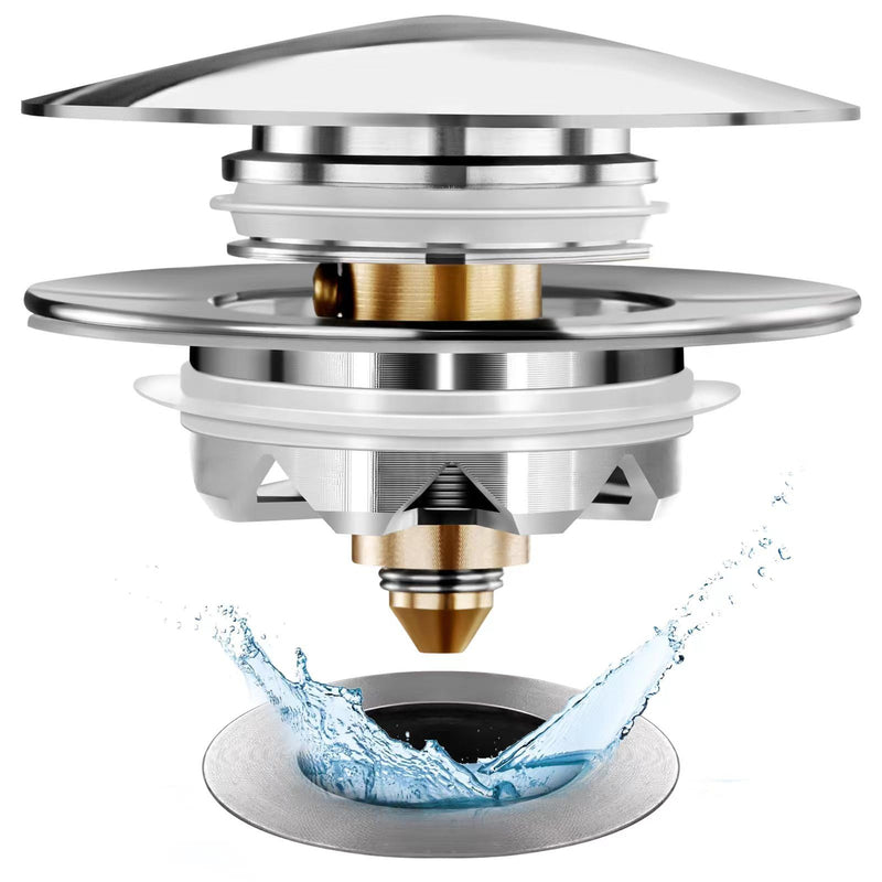 Universal Tub Stopper Bathtub Drain, Pop Up BathTub Drain Plug and Cover, Replaces Bath Tub Lift and Turn, Tip-Toe and Trip Lever, Easy to Install and Clean, All Brass Plating Process Silver Modern Style Tub Stopper