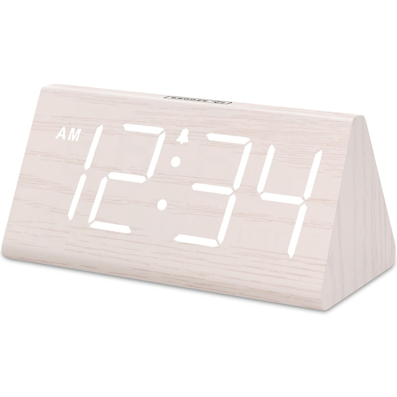 DreamSky Wooden Digital Alarm Clock for Bedroom - Living Room Desk Clock with Large Numbers, Bedside Nightstand Clock with USB Port, Adjustable Volume, Dimmer, DST, Office Wood Décor, Adapter Powered White (Plug-in)