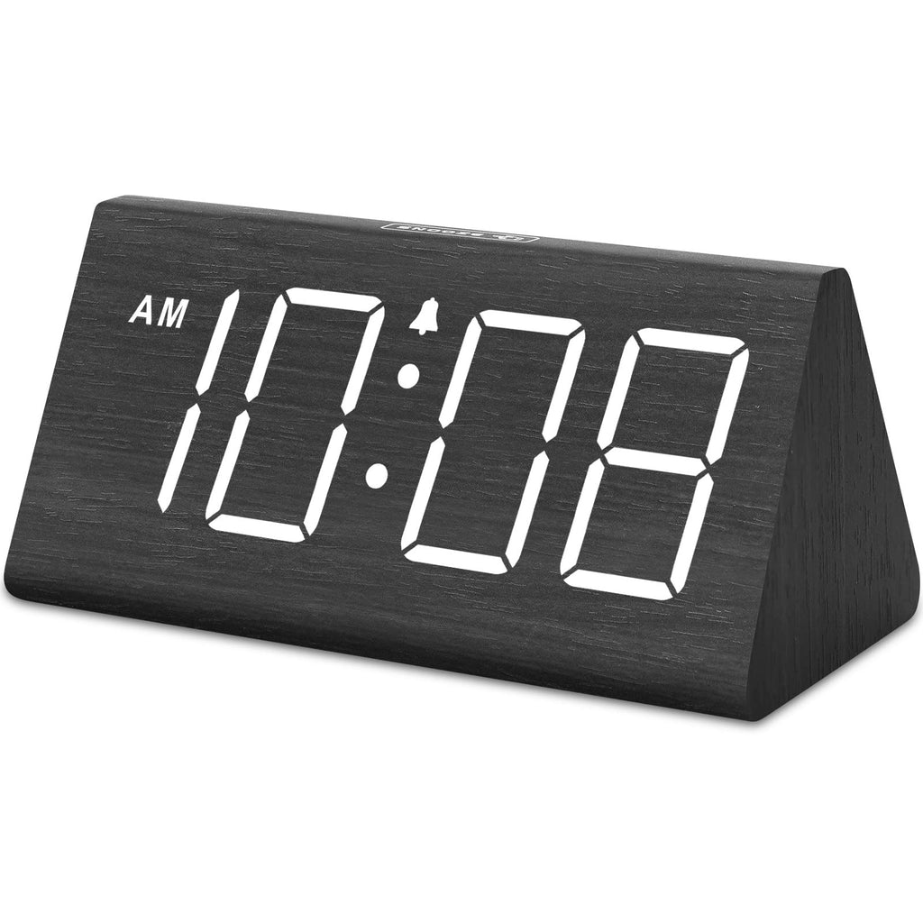 DreamSky Wooden Digital Alarm Clocks for Bedrooms - Electric Desk Clock with Large Numbers, USB Port, Battery Backup Alarm, Adjustable Volume, Dimmer, Snooze, DST, 12/24H, Wood Décor Black - NewNest Australia