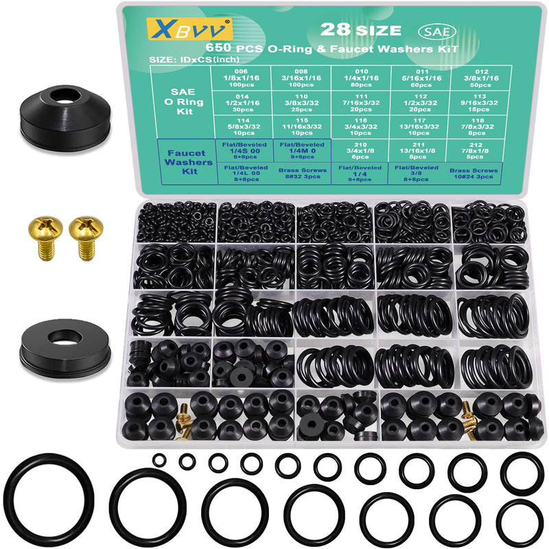 28 Size 650 Pcs Faucet Rubber Washers Kit and SAE O Ring Assortment Set for Assorted Plumbing Faucet Sealing Repair