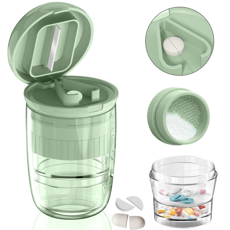 Pill Cutter Splitter with Dispenser, Pill Cutter for Small or Large Pills, Crushes Pills, Vitamins, Tablets, Stainless Steel Blade, Removable Drinking Cup (Green-1) Green-1