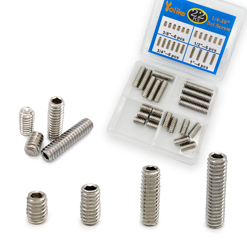 22pcs 1/4-20 Inch 4 Sizes Thread Hex Socket Set Screw Assortment kit – 304 Stainless Steel Full Thread Cup Point Grub Screws Set Screw for Bathroom Fixtures, Door Handles, Light Fixtures etc 304ss 1/4-20 4 Sizes-22pcs