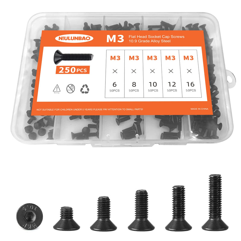 M3 x 6mm 8mm 10mm 12mm 16mm Flat Head Socket Cap Screws Countersunk Bolts, 10.9 Grade Alloy Steel, Black Oxide Finish, Metric Allen Hex Drive, Fully Threaded, Assortment Kit 250PCS M3 x 6/8/10/12/16mm(250PCS)