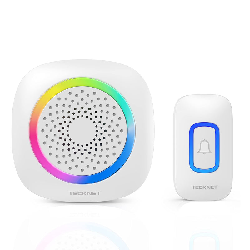 TECKNET Wireless Doorbell, Portable Doorbell with RGB Light, Battery Powered IP66 Waterproof Cordless Door Chime Kit, 1300 ft Wireless Range, 60 Chimes & 5 Level Volume, Using Time up to 4.5 Years 1 push button 1 portable receiver White