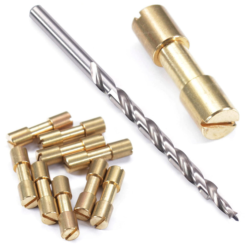 Corby Bolt Fasteners (10 Pack) with Step Drill for DIY Handles & Knife Handle Repair - USA Size (0.250 x 0.186 x 1.0 Inch) - (Brass) - for Full Tang Fixed Blades Corby Bolt (0.250 x 0.187 x 1.0 Inch) (10 Pack)(Brass) + (1)(Step Drill)