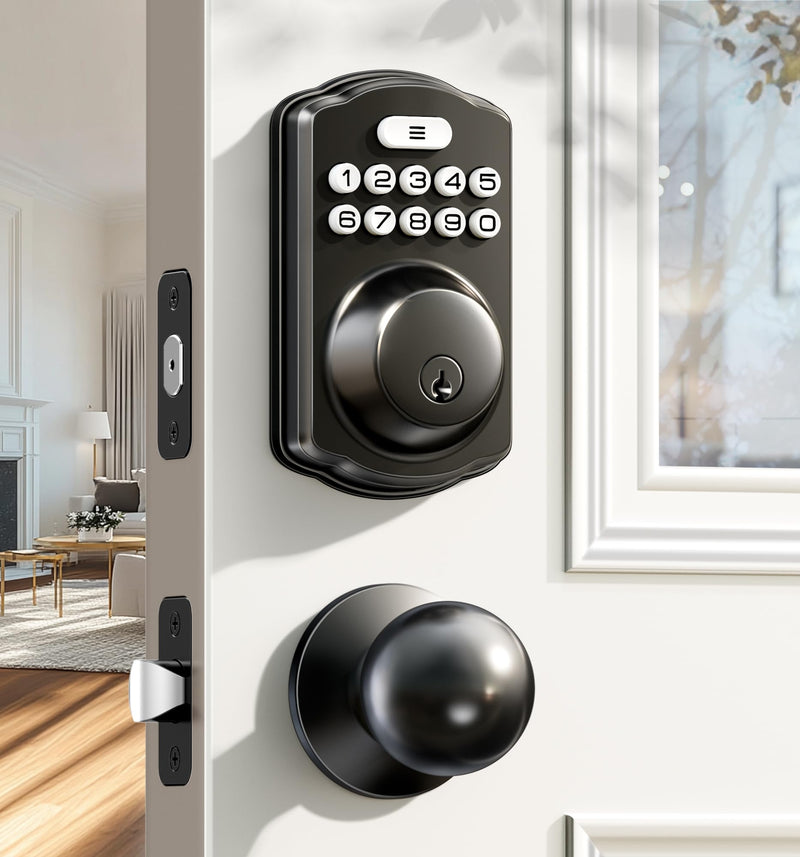 Veise Keyless Entry Door Lock with 2 Knobs, Electronic Backlit Keypad Deadbolt with Handle Set, Auto Lock, One-time Codes, Smart Deadbolt for Front Door, Easy Installation, Matte Black Knob