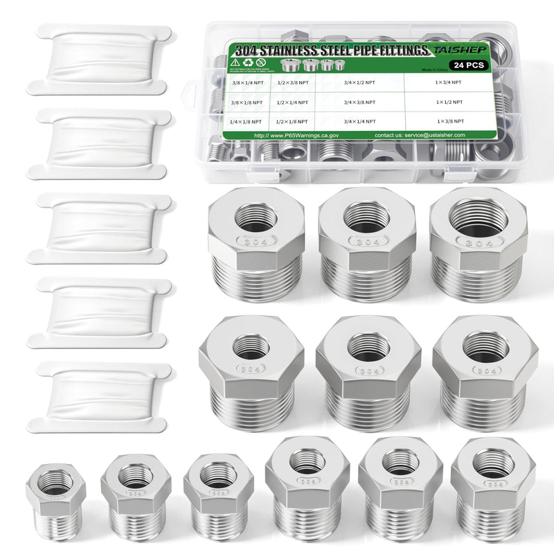 TAISHER 24PCS 304 Stainless Steel Reducer Hex Bushing Fitting Kit，Thread Pipe Adapter Fitting Assorted 24