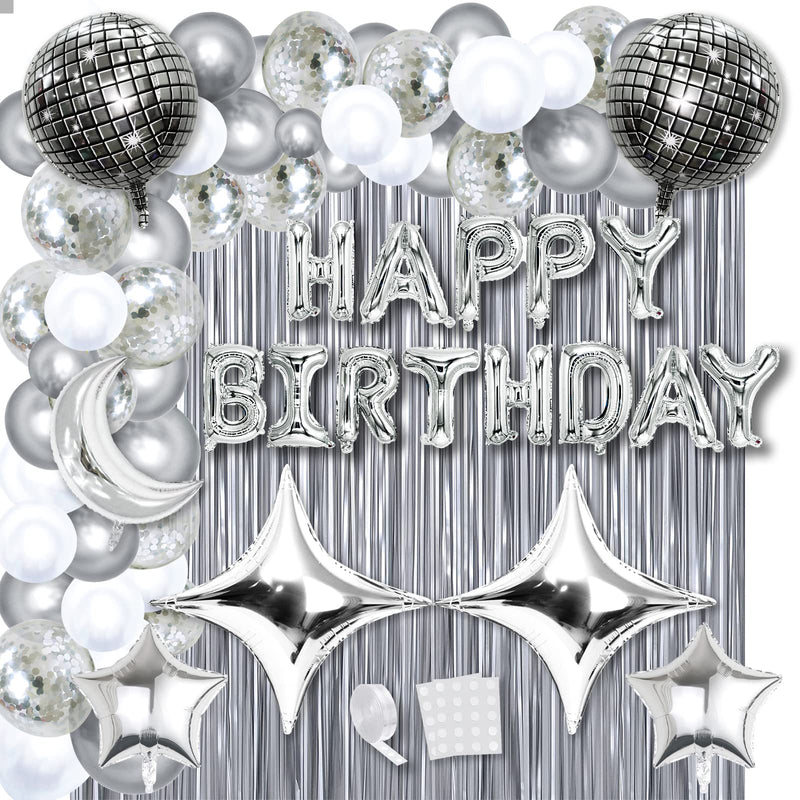 Disco Birthday Party Decorations - 87pcs Disco Happy Birthday Party Decorations Silver Backdrop Disco Birthday Balloons Ball Decor 60s 70s 80s Cool Retro Silver Birthday Decorations Women Men