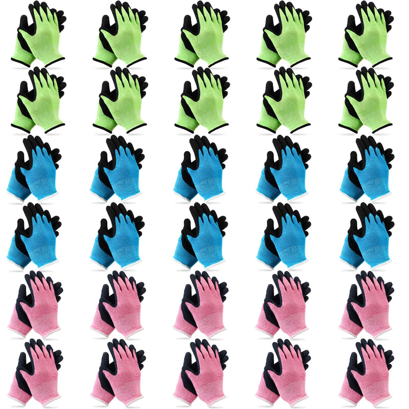Jeyiour 30 Pairs Kids Gardening Gloves Yard Work Gloves Non Slip Children Soft Safety Rubber Coated Gloves for Kids Children 6-12 Years