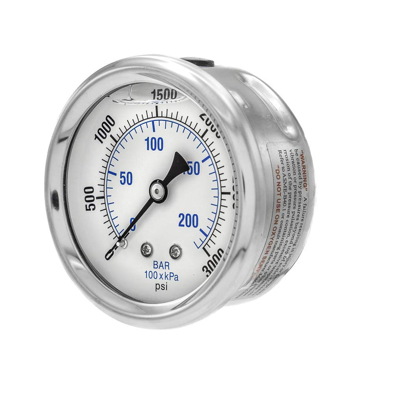 Liquid Filled Center Back Mount Pressure Gauge with 2.5" Dial, 0-3000 PSI, 1/4" Male NPT Connection, Stainless Steel CASE and Bezel (1)