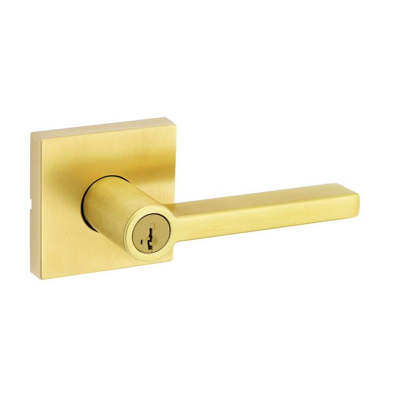 Kwikset Halifax Entry Door Handle with Lock and Key, Secure Keyed Reversible Lever Exterior, For Front Entrance and Bedrooms, Satin Brass, Pick Resistant Smartkey Rekey Security and Microban Keyed Entry