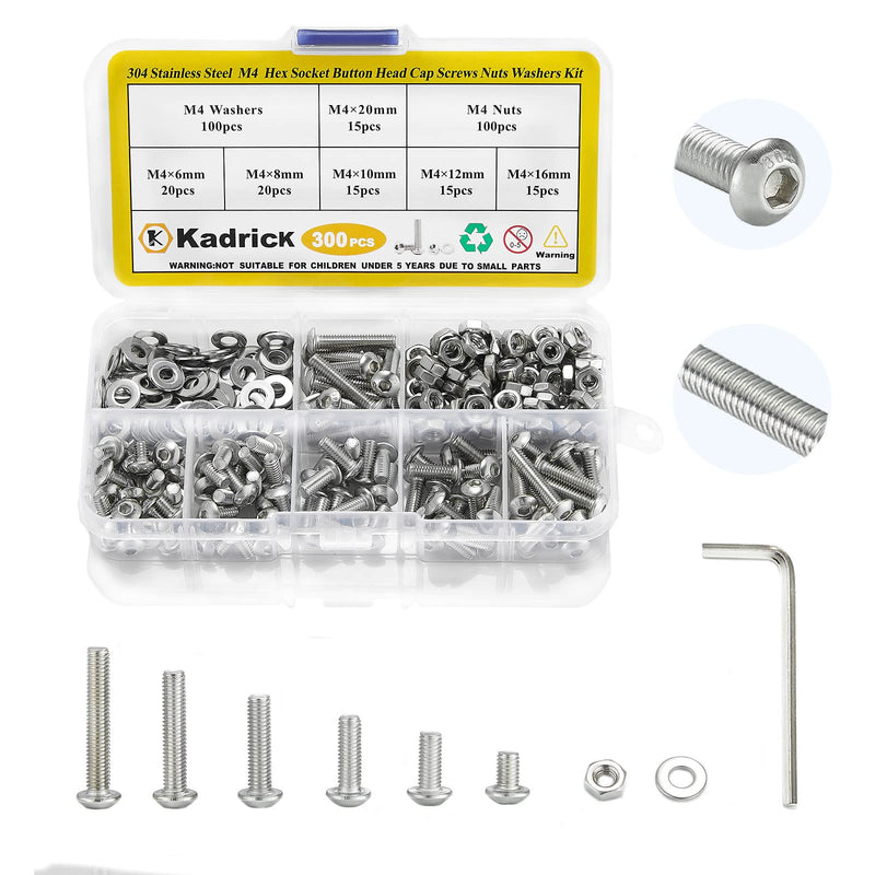 Kadrick 300 Pcs M4 Screw Assortment Button Head Socket Cap,M4x6mm,8mm,10mm,12mm,16mm,20mm Stainless Metric Bolts Nuts Washers Kit with 1 Hex Allen Wrenche 300Pcs M4 6mm-20mm