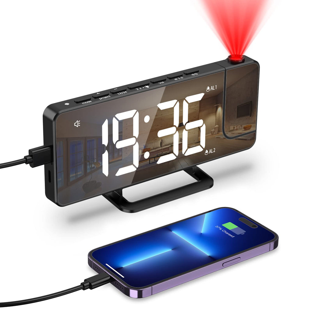 ORIA Projection Alarm Clock for Bedroom, Digital Alarm Clock, 7.5'' LED Alarm Clock with 180° Rotatable Projector, Type-c Charging Port, Dual Alarm, Snooze, Adjustable Brightness, for Kids, Elderly - NewNest Australia