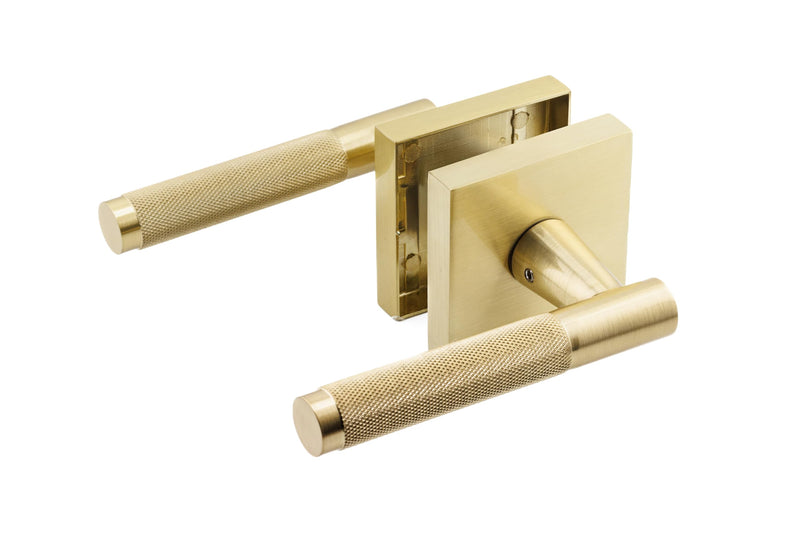 Premium Polished Satin Brass Door Handles for 1 3/8" - 2" Compatible Doors – Soft Gold Handles Interior with Lock - Easy Installation, Reversible, Button Lock (Privacy Lock)- Designed by Architects Privacy (Locking)