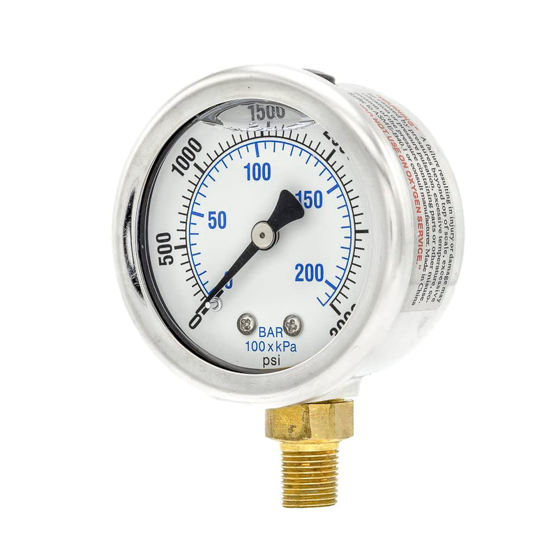 Liquid Filled Lower Mount Pressure Gauge with 2" Dial, 0-3000 PSI, 1/8" Male NPT Connection, Stainless Steel CASE and Bezel (1)