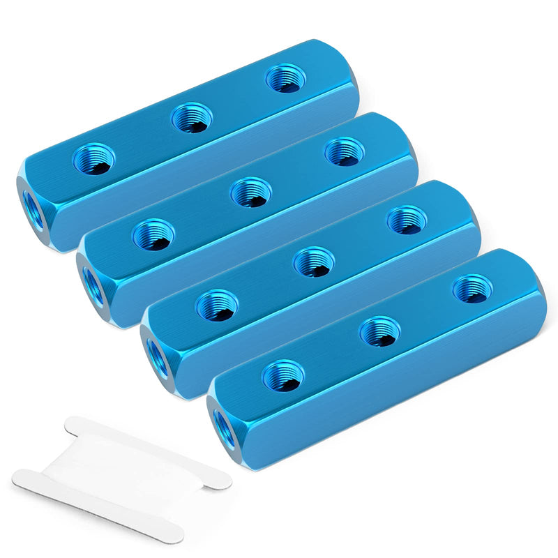 GASHER 4PCS Aluminum 3 Way 6 Port Pneumatic Manifold Air Distribution Block Splitter 1/4" Output Port 1/4" Supply Port 3 Way-6 Port 4