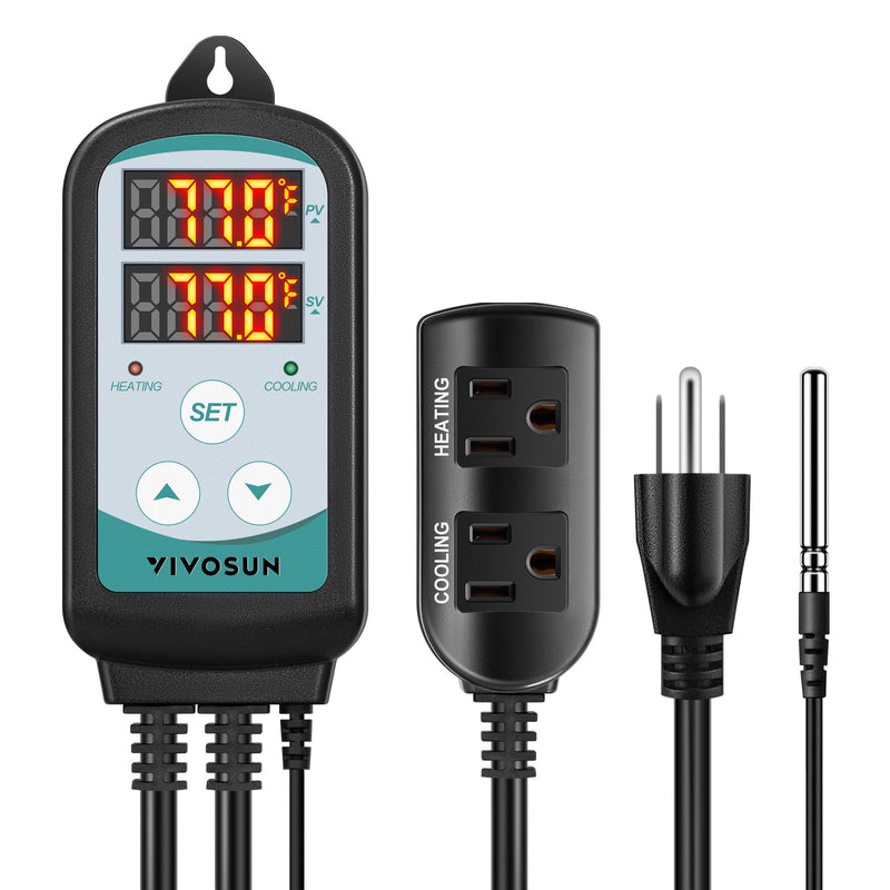 VIVOSUN 1500W Digital Temperature Controller, 2-Stage Outlet Thermostat Heating and Cooling Mode, Thermostat with Dual LED Display, for Homebrew Fermenter Greenhouse Terrarium, 110-240V 15A 1500W