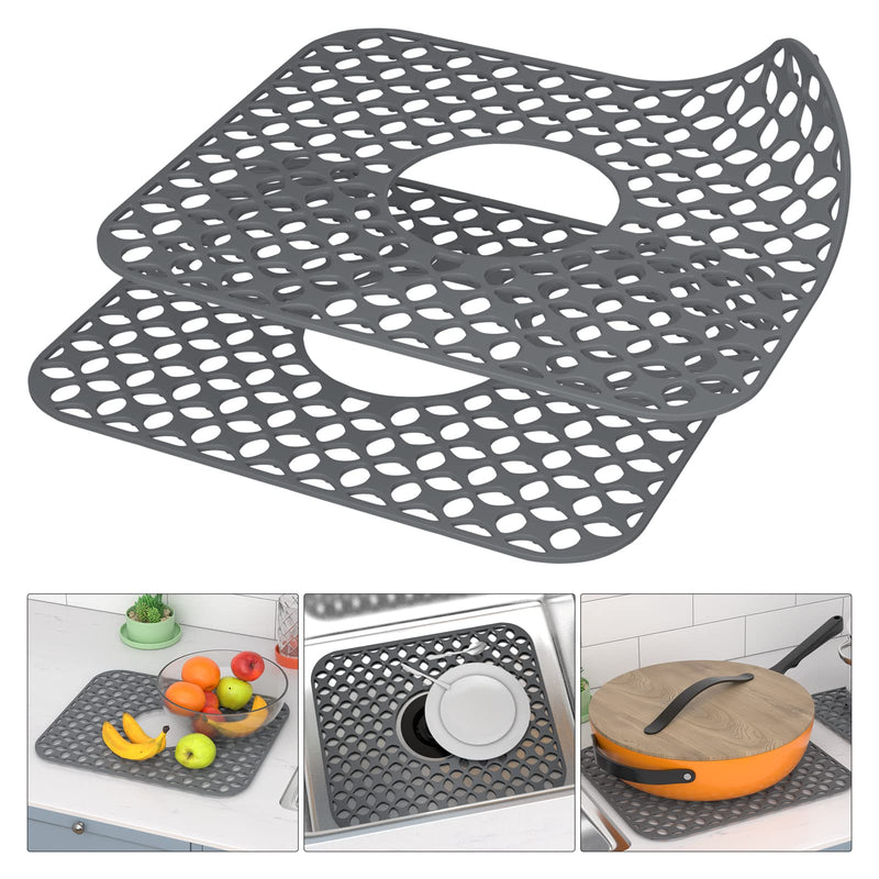 Kitchen Sink Mats, TOOVEM 2PCS Non-Slip Heat Resistant Silicone Sink Protector Mat for Bottom of Stainless Steel Porcelain Sink, Folding Farmhouse Rear Drain Sink Mats, Center Drain Grey-Center Drain-1