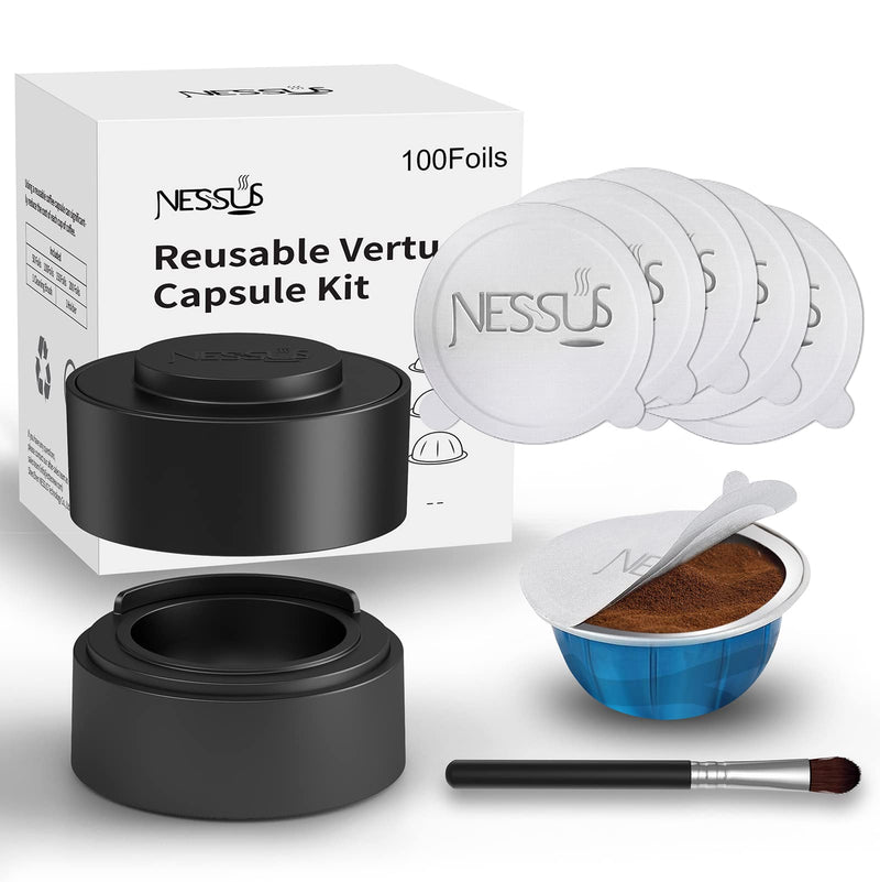 Nessus Reusable Vertuo Capsule Kit, [ALSeal EZ FIT] for Reusable Nespresso Pods with 100 Pcs Aluminum Foil Seal Lids, Holder, Brush, for Refilling Nespresso Vertuo Pods Reusable Vertuoline Pod Black 1 Holder + 100 Foils + 1 Brush